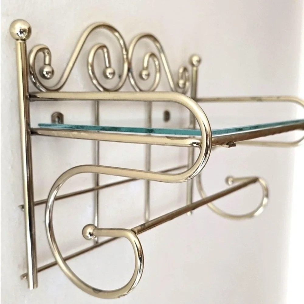 VTG Scrolled Gold Tone Wall Shelf w/ Glass Insert & Towel Bar Organizer Trinket